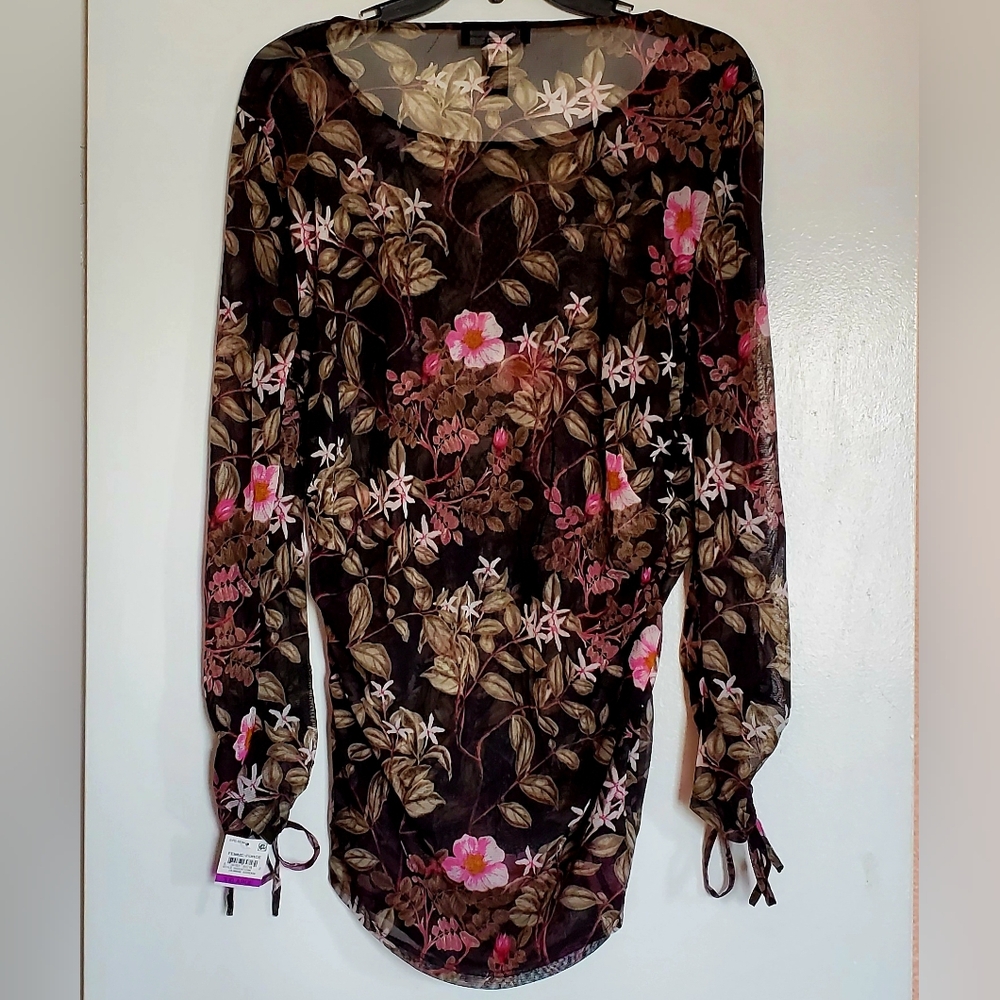 INC International Concepts Floral Runched Blouse - Pink and Brown